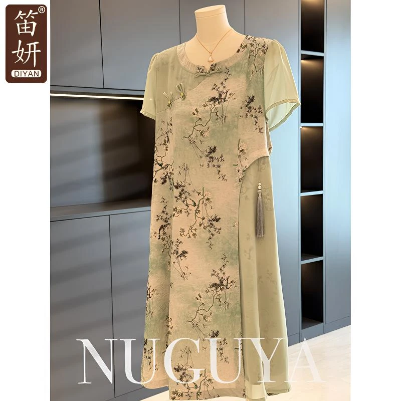 中国风雪纺妈妈装中长款连衣裙女2025夏装新款中老年女装短袖裙子
