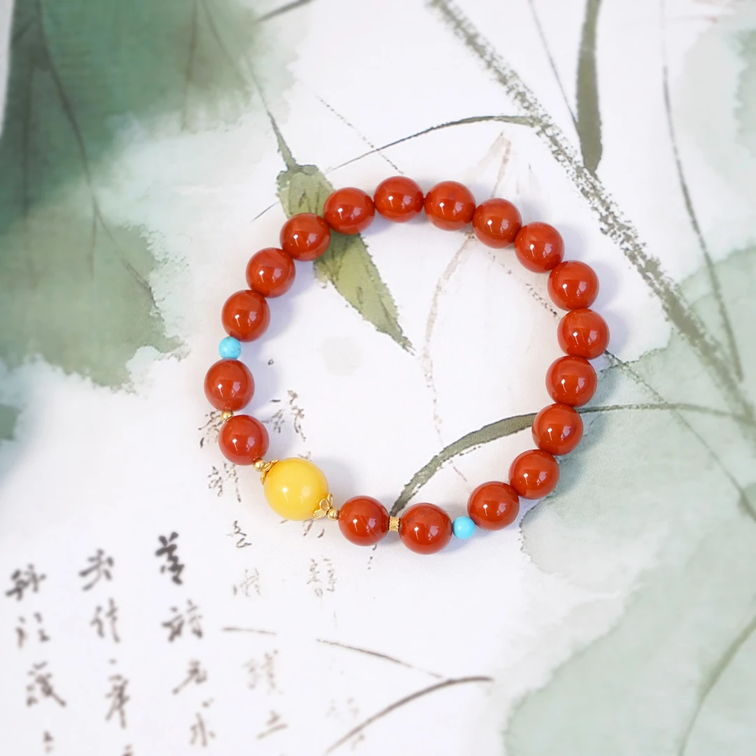 天然川料9mm南红单圈蜜蜡小众设计手串QF-A436（多样性发一）
