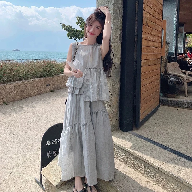 珩绣2025年夏女装法式圆领灰色上衣半裙套装77015