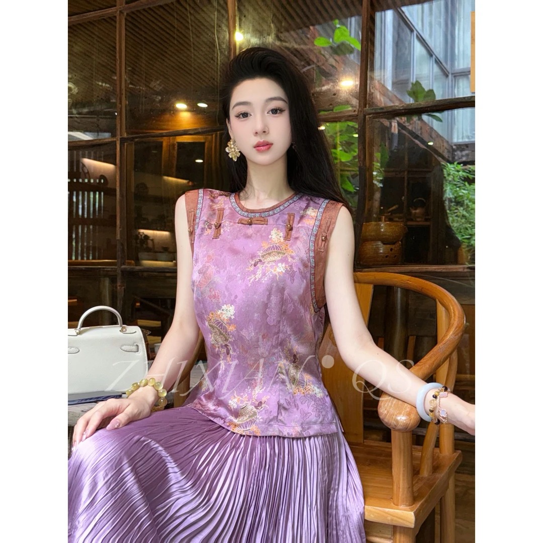 紫韵-25年夏季新款人丝香云无袖紫色气质百搭小上衣