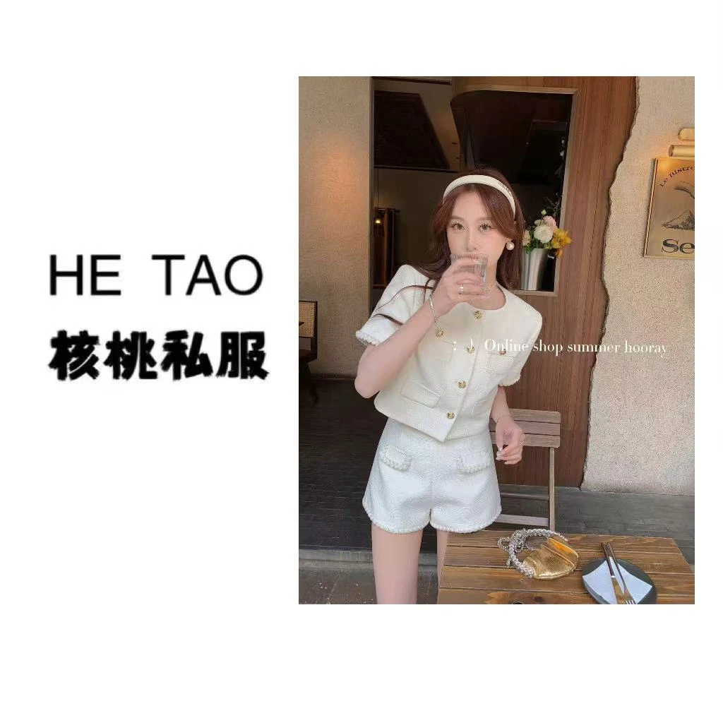核桃家韩剧女主小个子洋装白色短袖小香风外套短裤两件套装女夏季