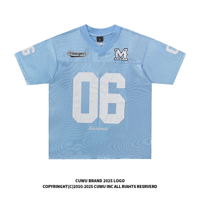 cuwu嘻哈棒球短袖蓝色刺绣v领球衣t恤女男夏季潮牌情侣运动上衣