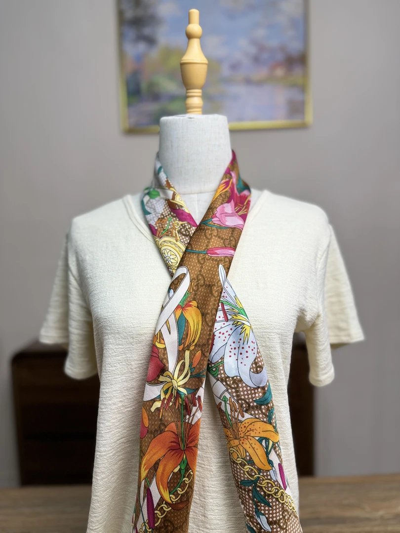 HG家桑蚕丝88X88CM斜纹绸花卉春夏时尚百搭气质真丝大方巾-013