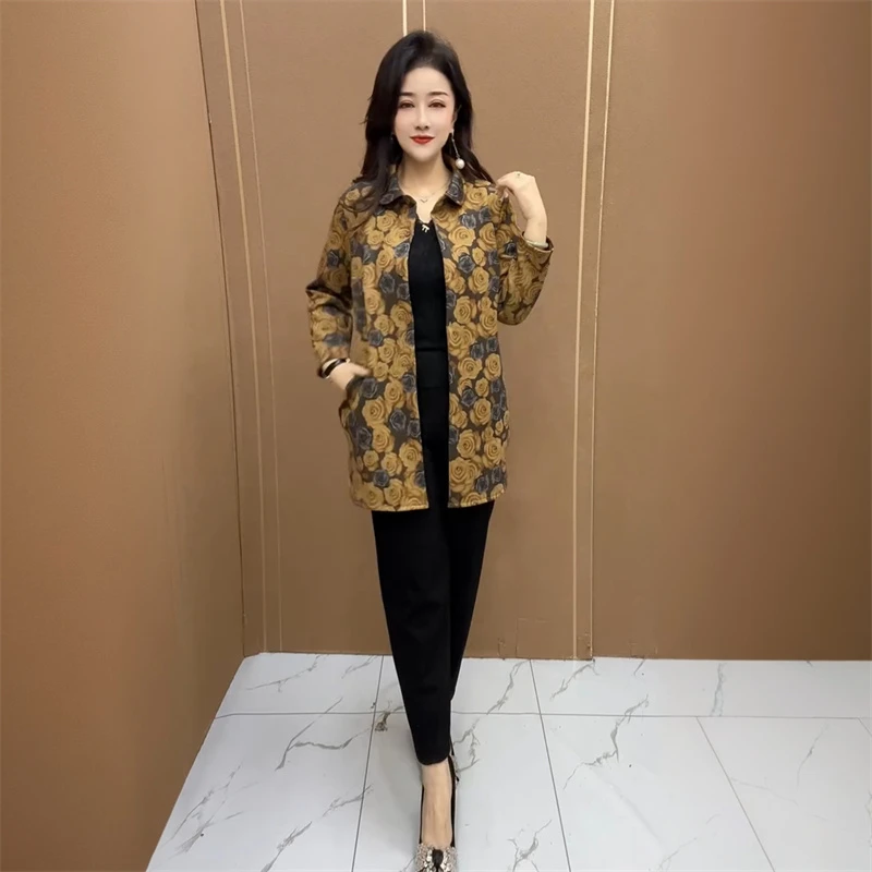 225宽松休闲空气棉时尚洋气中长款衬衣大码宽松碎花弹力风衣外套