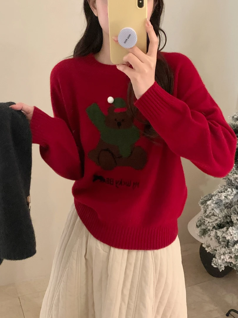 【潘潘.678830】2025年冬季新款100%绵羊毛圣诞小熊套头针织衫