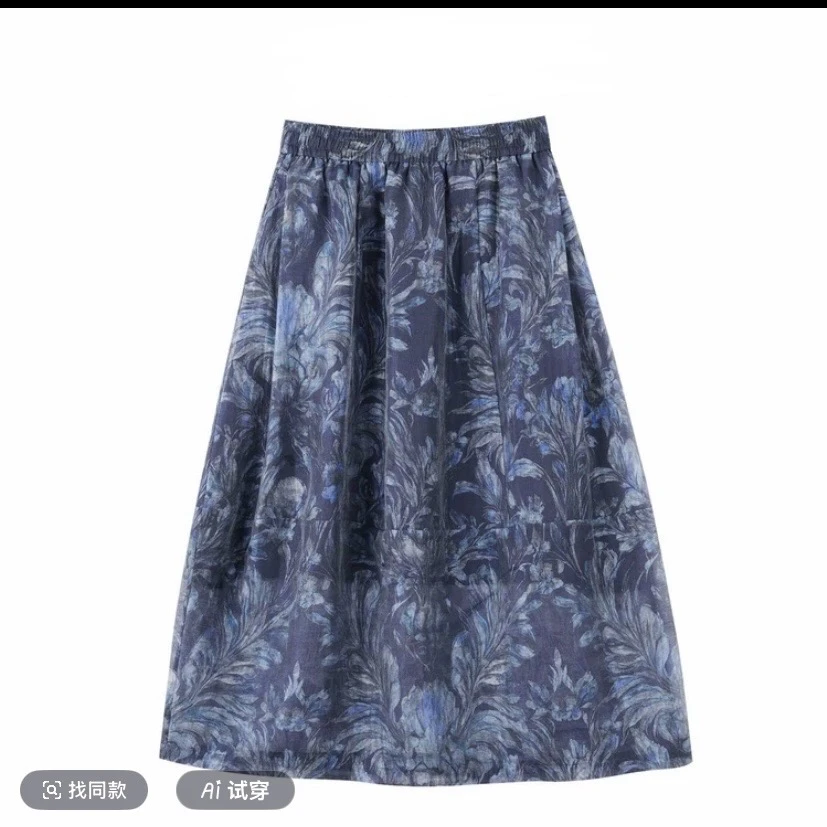 【老板】天丝亚麻印花半身裙显瘦法式气质2025夏季中长轻薄花苞裙