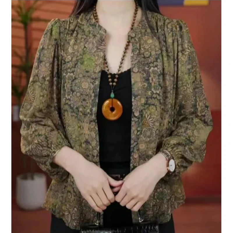 [雅韵芳华]金玉满堂时尚提花长袖修身百搭休闲大码衬衣碎花气质