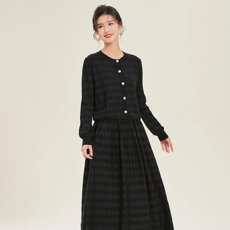 金菊【两件套含桑蚕丝+羊绒羊毛】秋冬新款泡泡袖圆领开衫女式套装