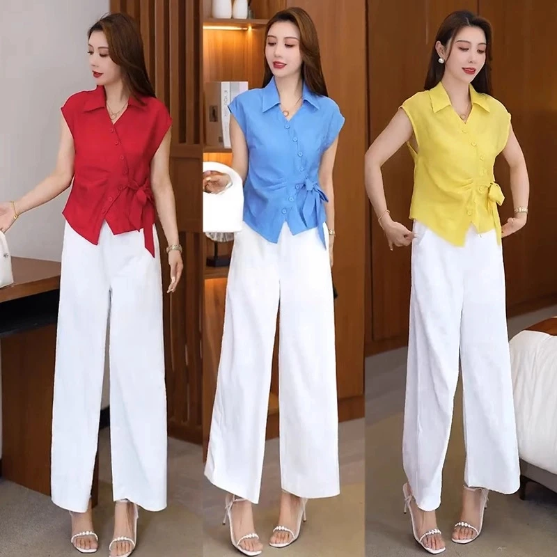 2025夏季新款时尚气质蝴蝶结翻领无袖阔腿裤大方得体穿搭两件套潮