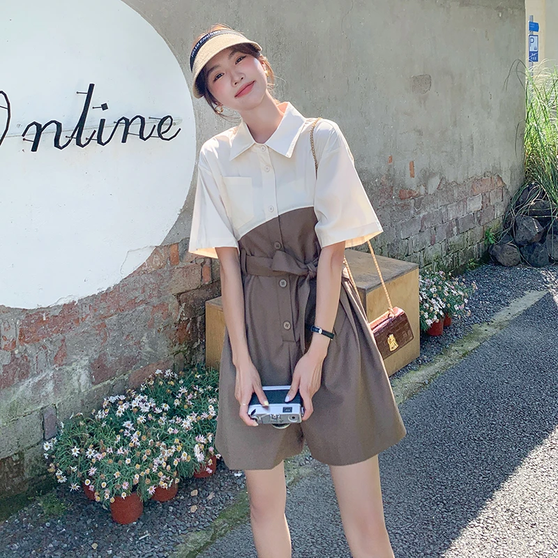 2025夏季新款韩版时尚气质百搭显瘦减龄设计感短袖高腰连体裤子