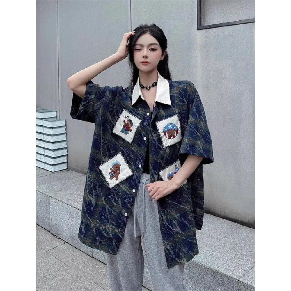 2025复古直筒男夏装港风学生宽松小众设计感趣味新款男装上衣外穿