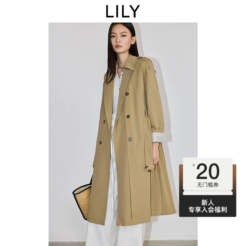 LILY2025春季新款复古英伦风休闲通勤卡其色风衣外套125139C1910