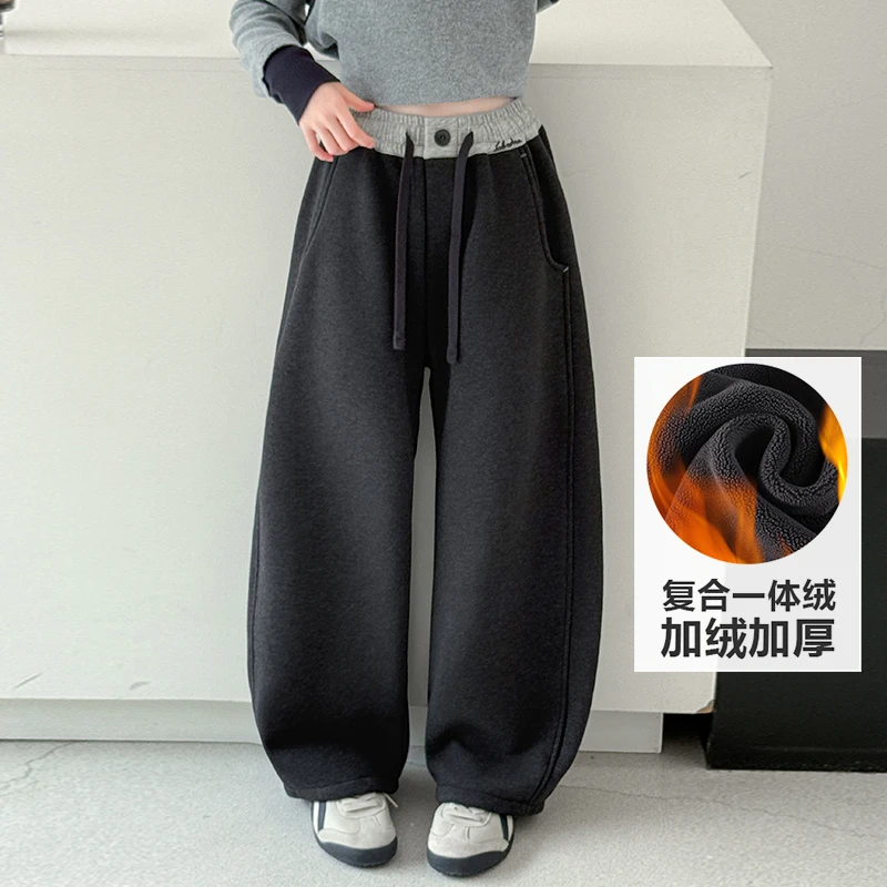 女童加绒裤子冬季2025新款洋气儿童一体绒休闲裤冬装大童弯刀裤潮