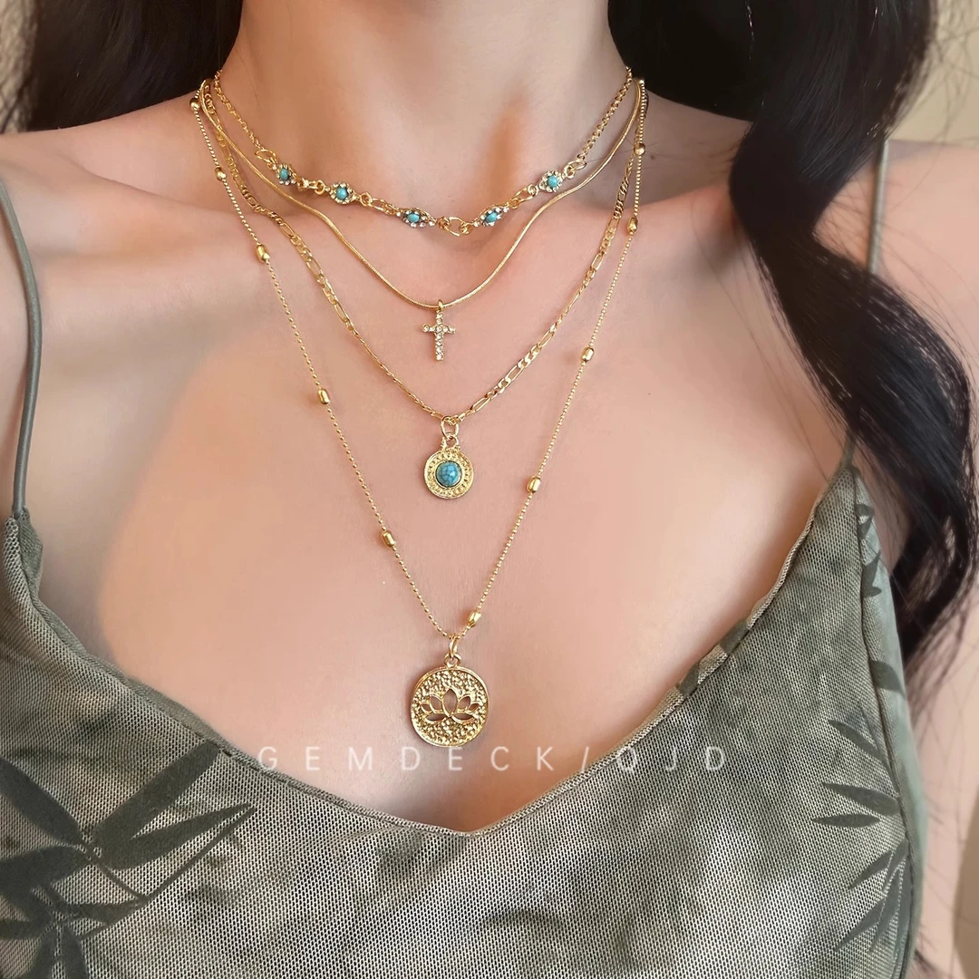 铜合金项链 复古波西米亚风十字架项链女轻奢多层叠戴锁骨链颈链