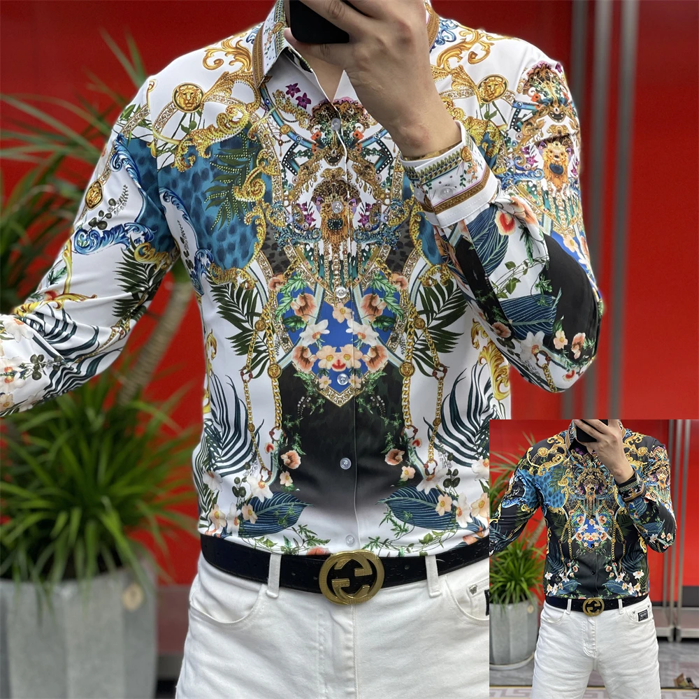 男士春季衬衫2025新款印花百搭潮流休闲修身长袖个性高端商务上衣