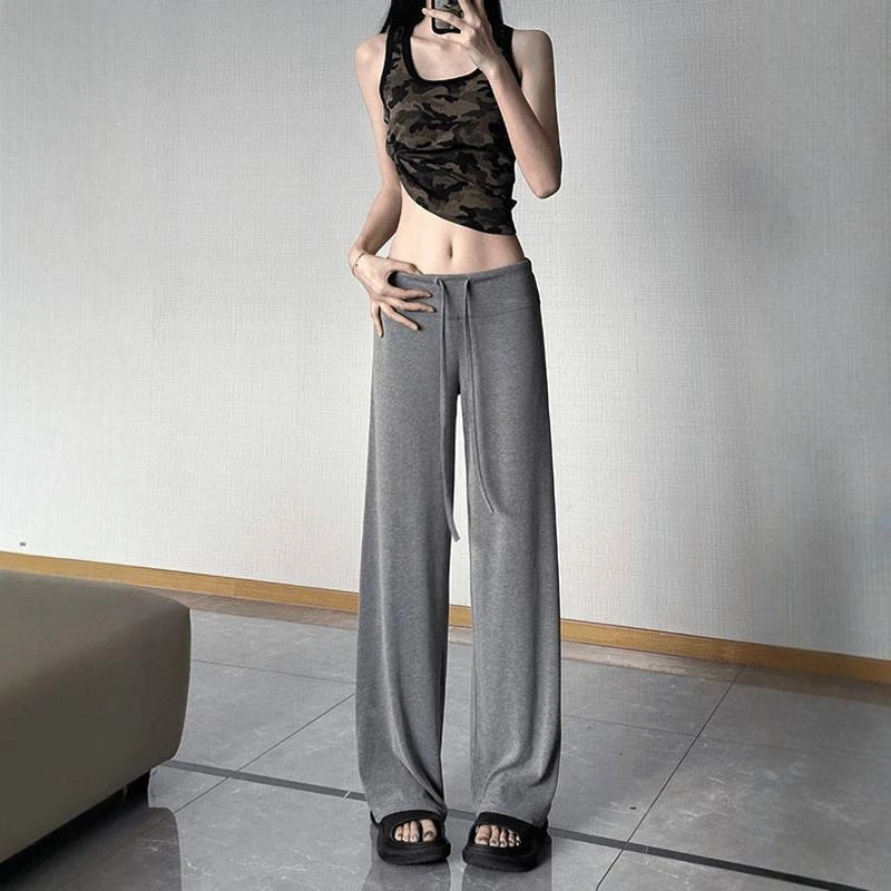 美式慵懒风针织灰色休闲裤女春夏新款高腰垂感直筒阔腿裤拖地长裤