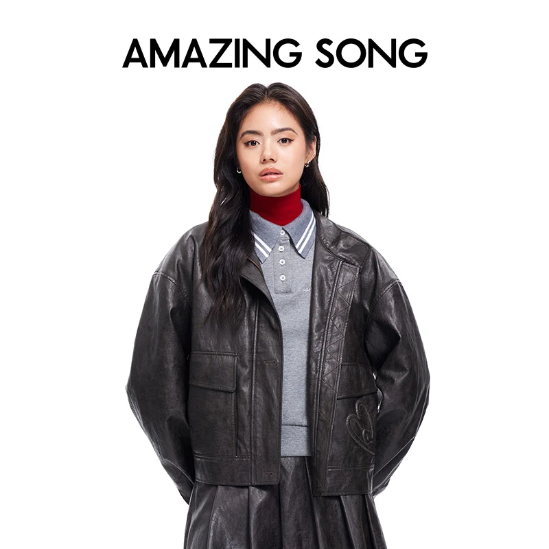 Amazing Song复古立领刺绣皮夹克短款时尚休闲百搭