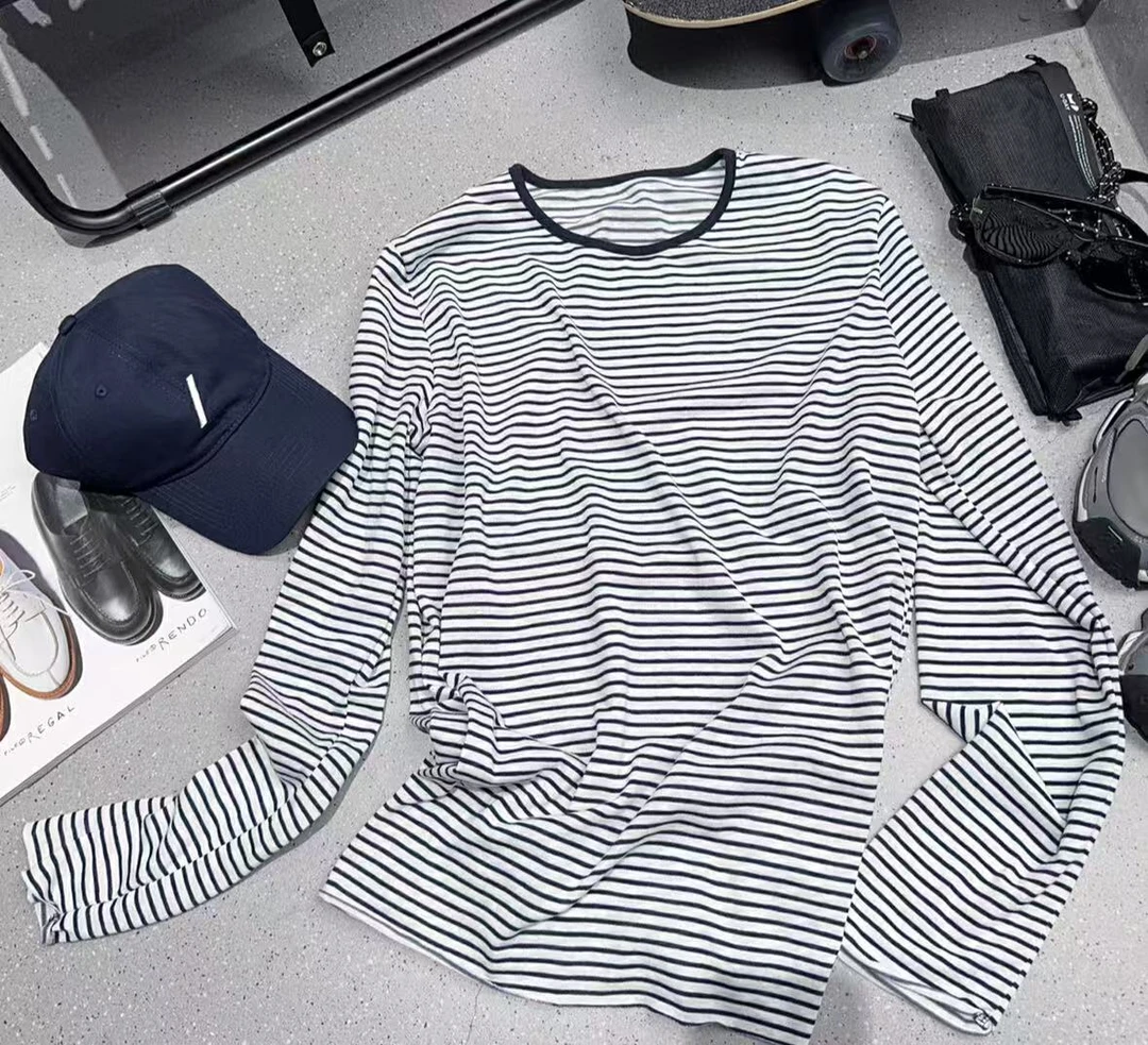 【GUQI】撞色条纹圆领长袖T宽松百搭休闲上衣打底衫T恤#253525