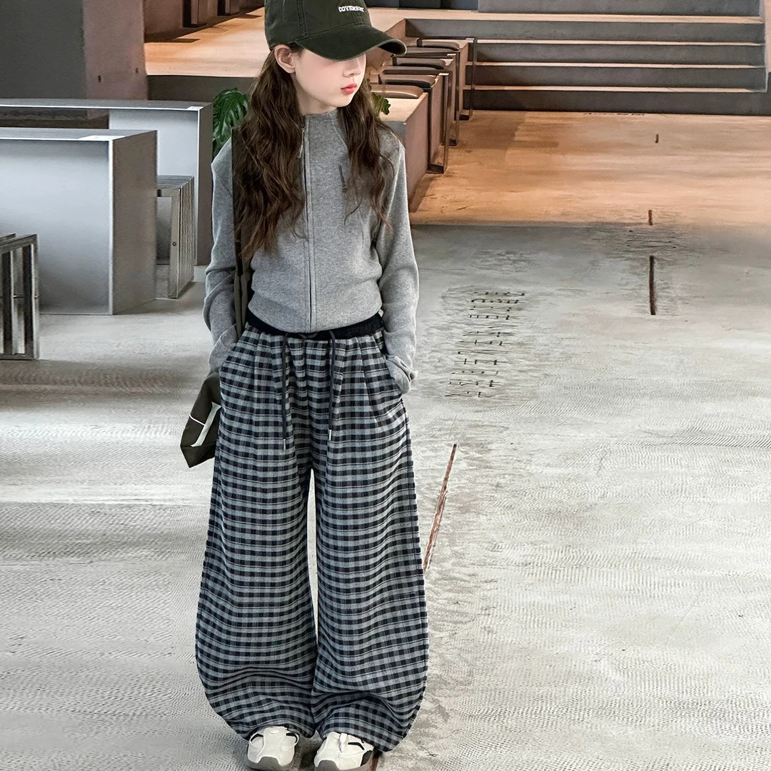 女童秋季新款套装休闲纯色拉链上衣格子弯刀裤休闲百搭两件套