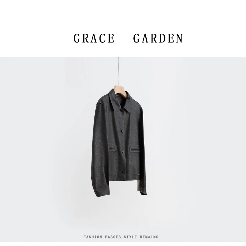 GRACE GARDEN【小荔枝！】明线宽松翻领直筒版长袖皮衣PY4B2263