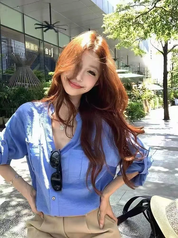 封神老钱风立领蓝色衬衫女小众套装夏气质