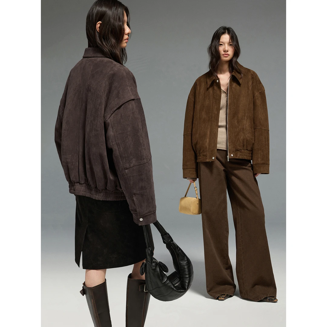 JUSLIN 3M新雪丽 复古廓形仿麂皮翻领双门襟哈灵顿棉服夹克 L1202