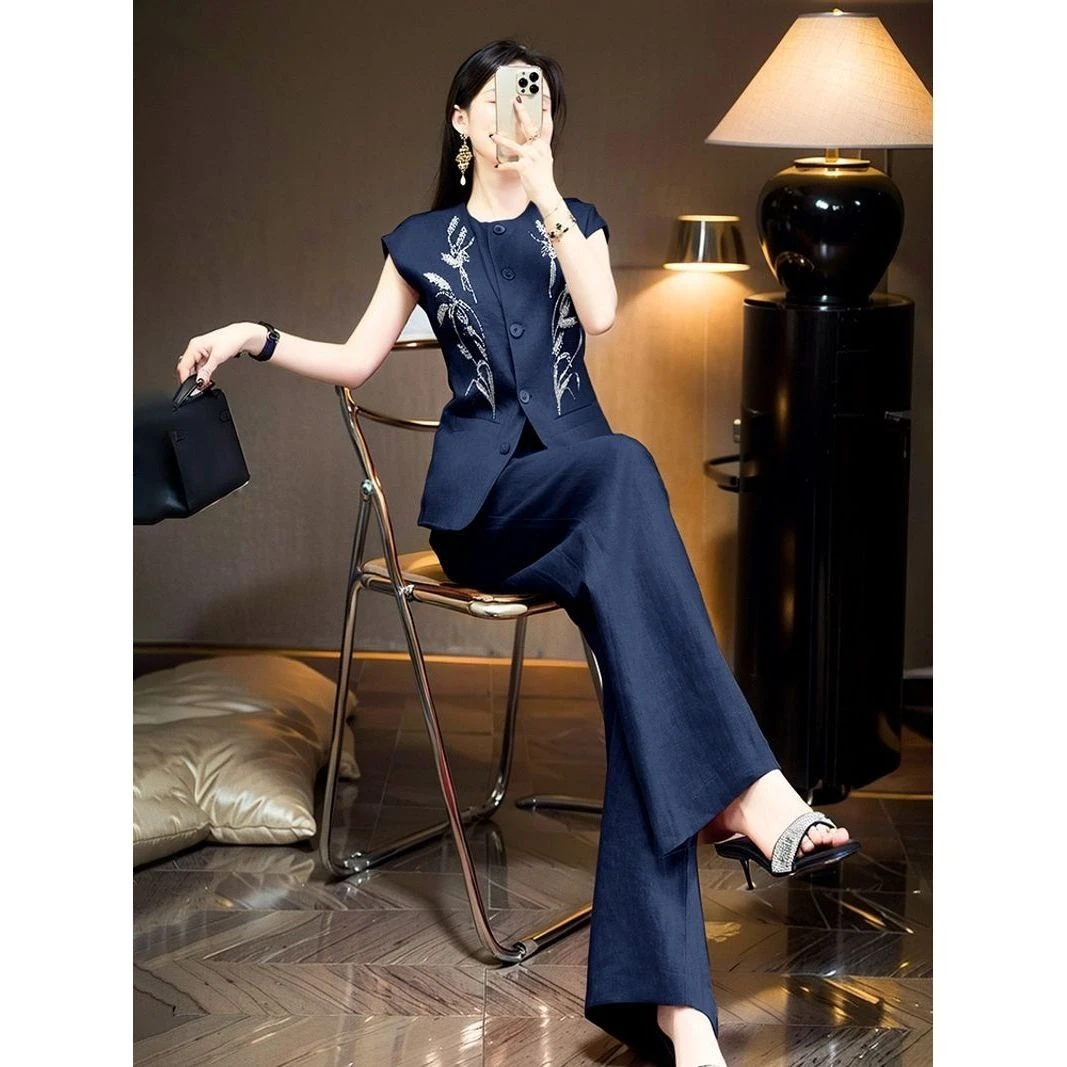 2025年夏季成熟御姐高级感重工绣花亚麻马甲阔腿裤两件套装女
