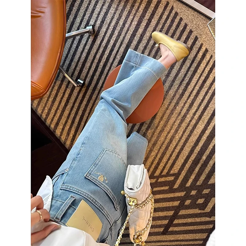 浅蓝色弹力九分直筒牛仔裤女春季新款大码梨形身材显瘦宽松阔腿裤