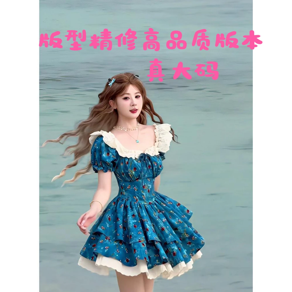 25701法式大码初恋感泡泡袖波点连衣裙气质仙女裙收腰显瘦