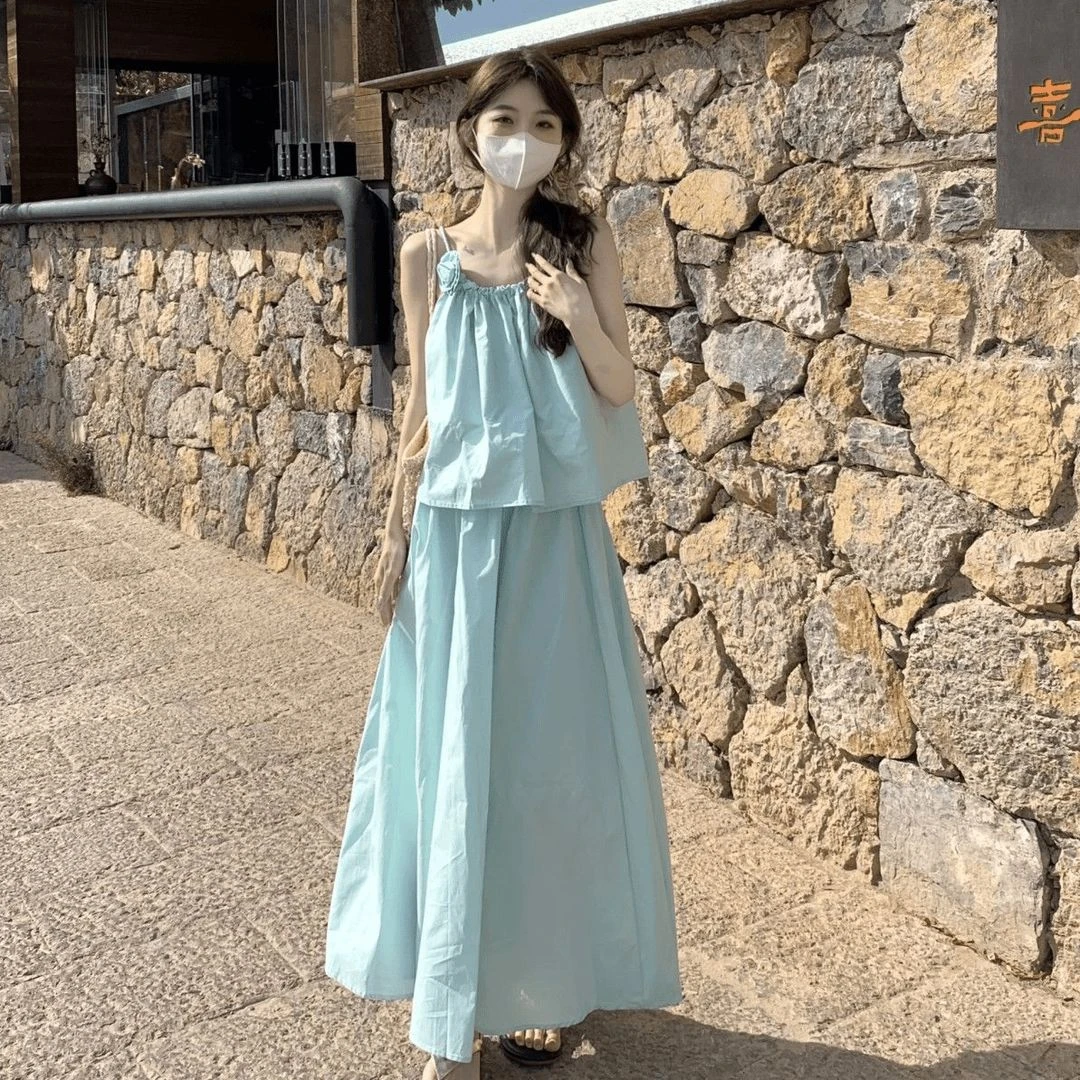 薄荷曼波套装小清新甜美花朵新款夏日女学生温柔森系两件套中长裙