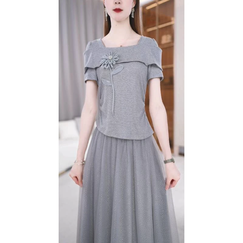 【上下套装】夏季新款方领修身短袖T恤搭配A字半身裙气质套装M-4XL