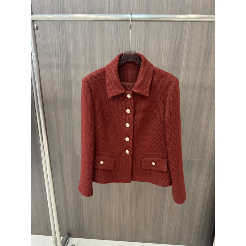 YOYOCROWN 秋季新款翻领单排扣轻奢黑色高级感小香风羊毛贵妇外套