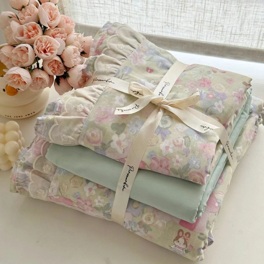 小玲子 梦幻爱丽丝 全棉双层纱三件套四件套花边印染工艺小清新风