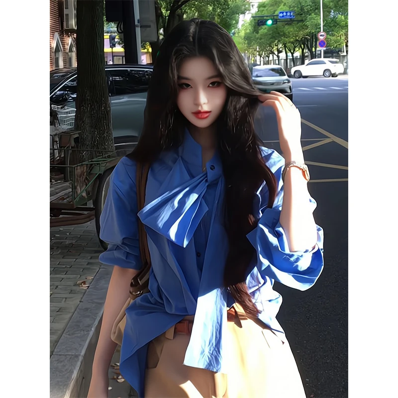 2025新款女士早秋季法式气质小众设计感宽松长袖衬衫上衣高腰短裤