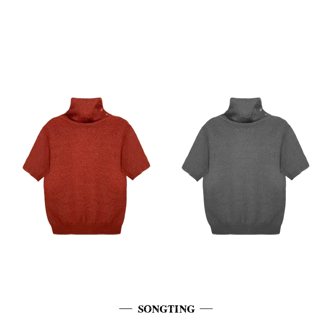 SONG TING｜法式柔软羊绒绢丝高领系扣短袖上衣