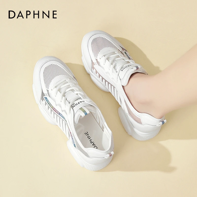 达芙妮厚底老爹女款2025新款夏季网面透气小白鞋小个子运动休闲鞋