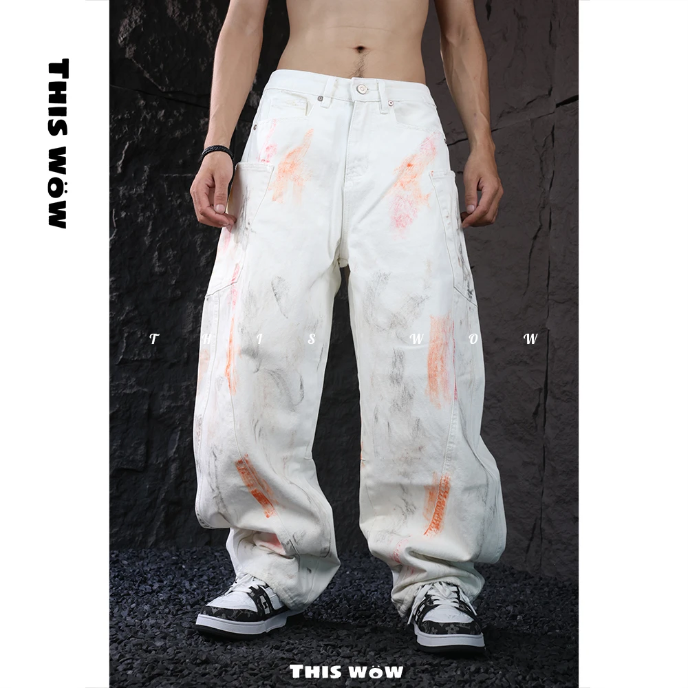 【手绘涂鸦弯刀裤】THISWOW美式高街白牛宽松牛仔裤原创小众H1017