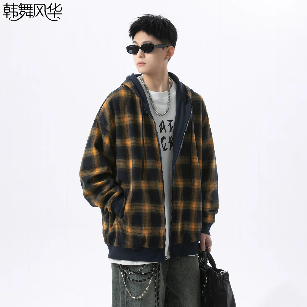 韩舞风华美式复古两面穿格纹开衫卫衣男生宽松连帽衫卫衣拉链外套