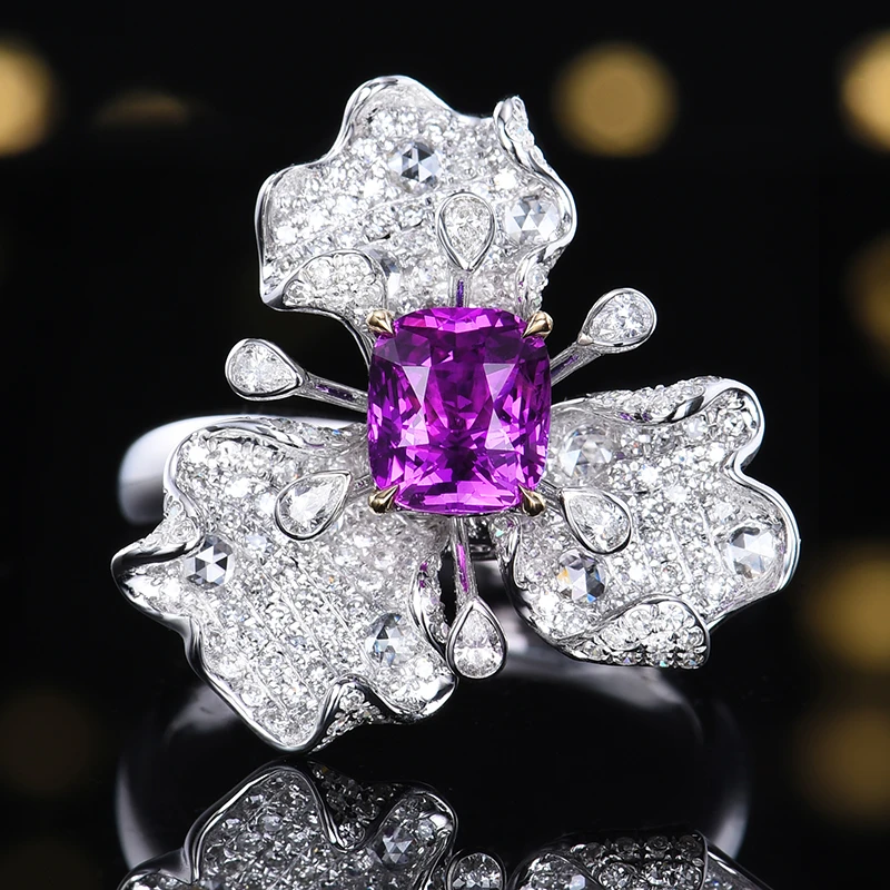 三瓣花款 主石1.54克拉18K金 无烧紫色蓝宝石戒指