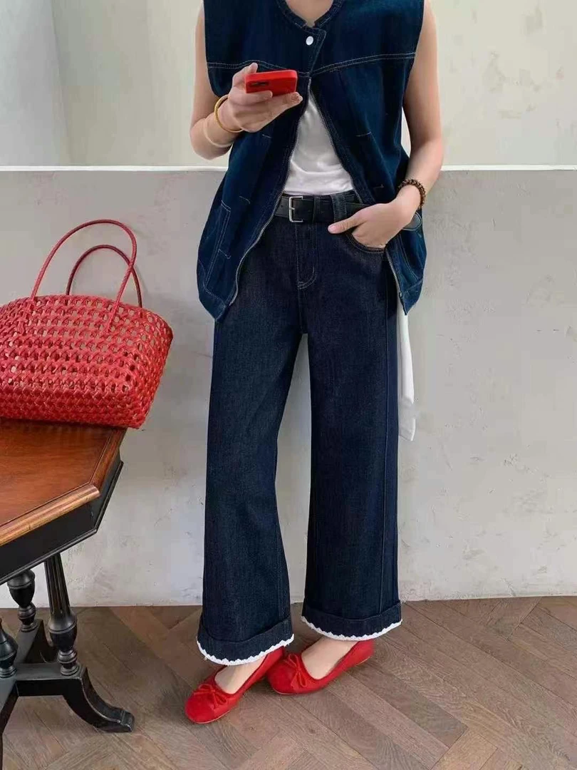 蕾丝翻边高腰显瘦九分直筒阔腿牛仔裤奶奶裤
