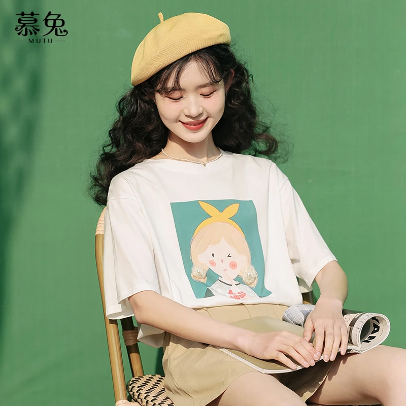 慕兔可爱印花白色短袖t恤女ins潮2025夏季新款设计感小众正肩上衣