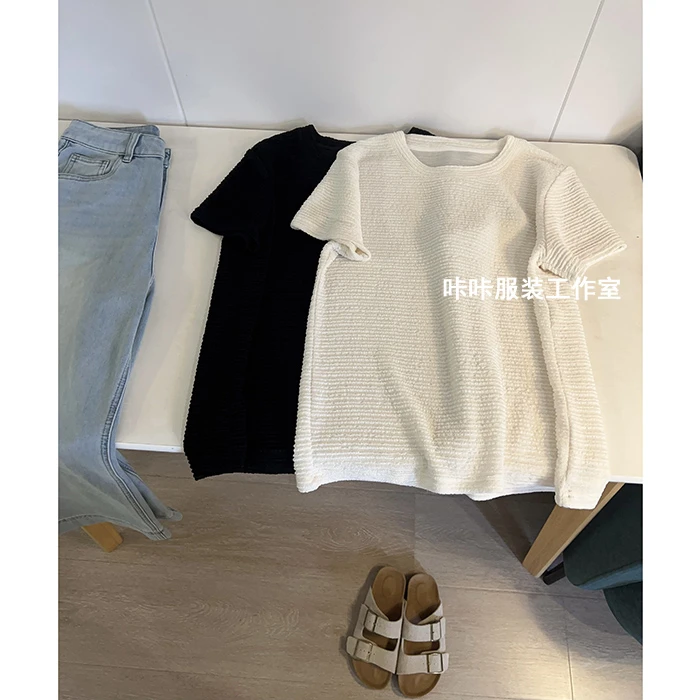 REKAYYAT“放晴”韩系时尚百搭纯色显瘦洋气醋酸肌理感圆领短袖T恤
