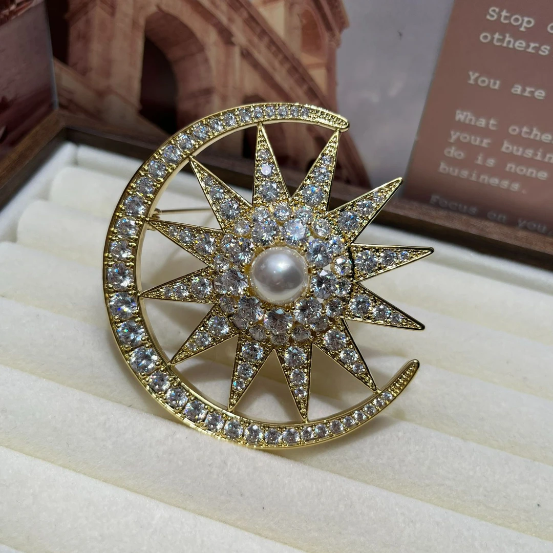 铜合金胸针 星月高档胸针气质轻奢镶石立体首饰别针1204