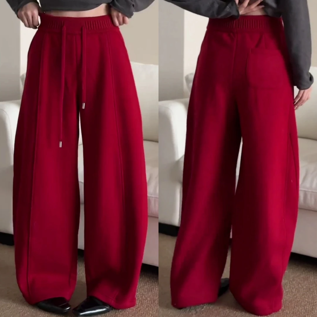 景倩妮红色大气高级感弯刀休闲裤2025冬季新款加绒显瘦窄版阔腿裤