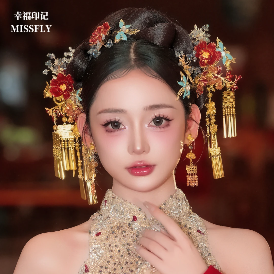 新中式新娘花朵头饰红色秀禾龙凤褂马面裙旗袍晨袍汉服蓝蝴蝶步摇