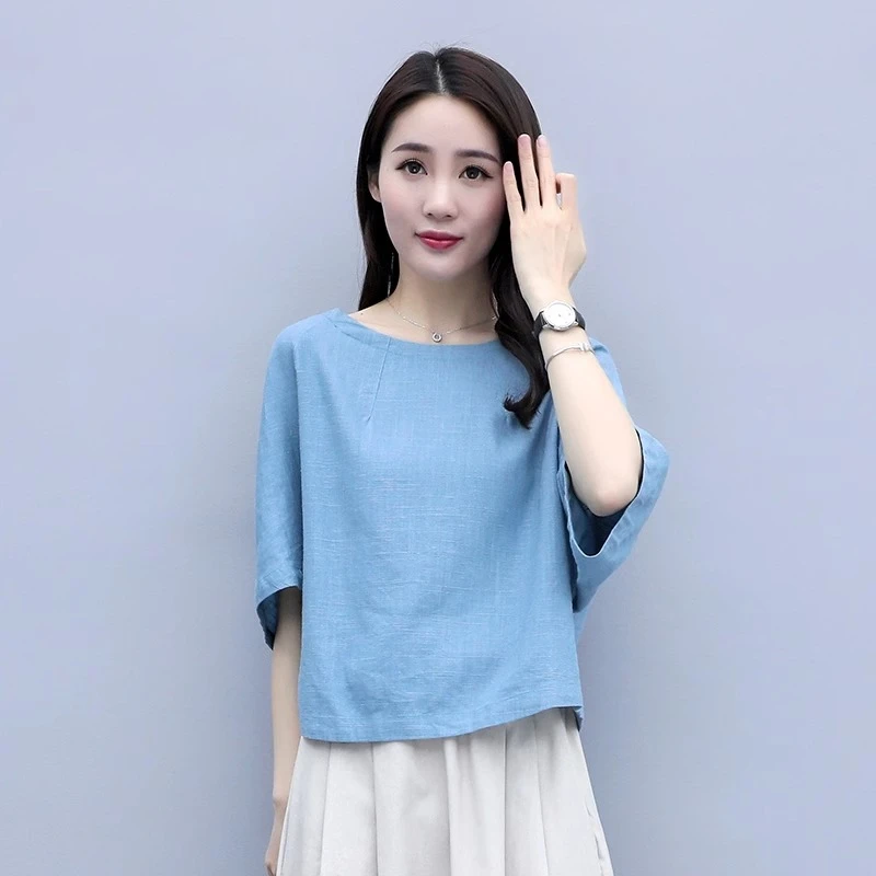 大码棉麻女装衬衫2025夏装新款短袖T恤女宽松显瘦减龄亚麻上衣潮