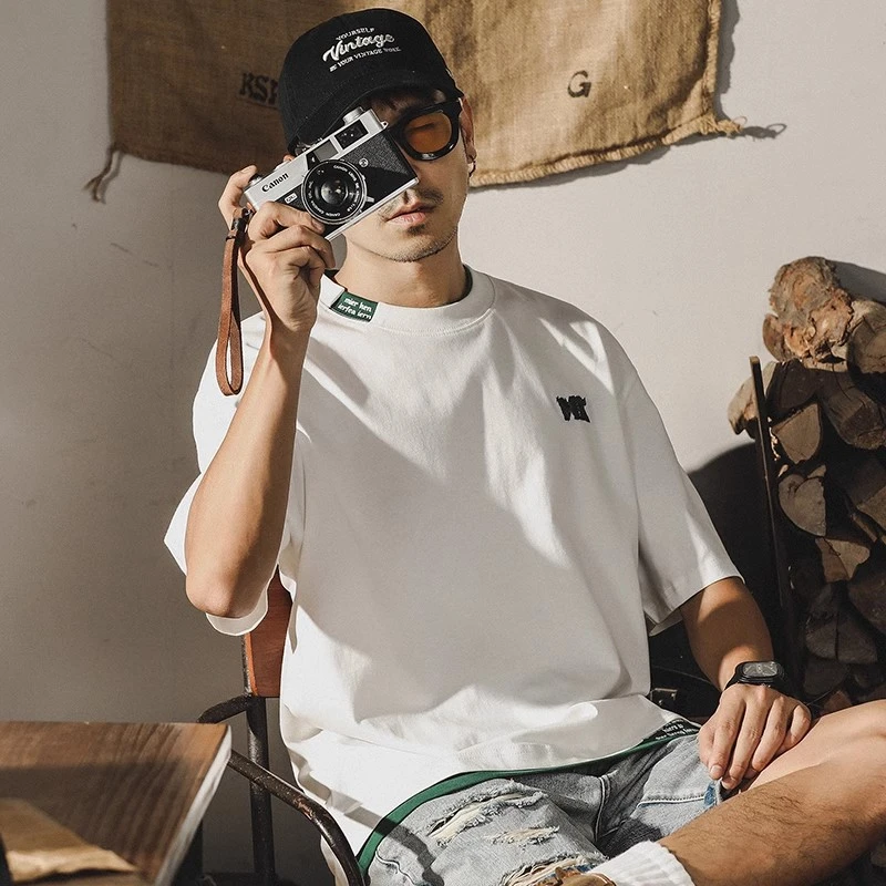 美式重磅简约纯棉T恤男短袖夏季潮牌ins宽松撞色假两件体恤上衣