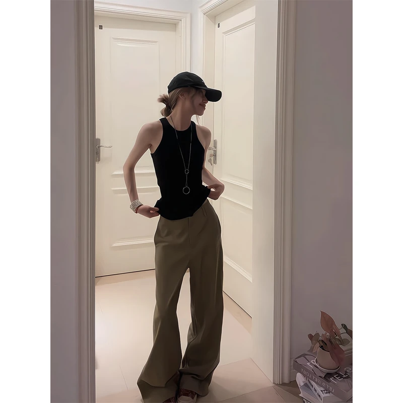 美式辣妹吊带背心修身打底工字无袖上衣复古休闲裤微喇裤拖地裤女