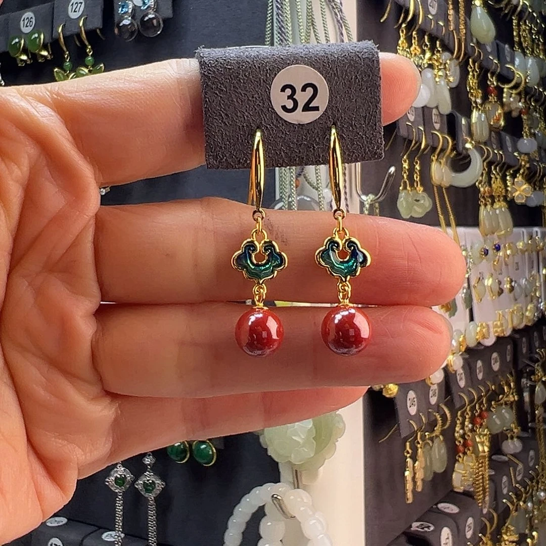 天然辰砂通体纯银天然朱砂如意耳钩