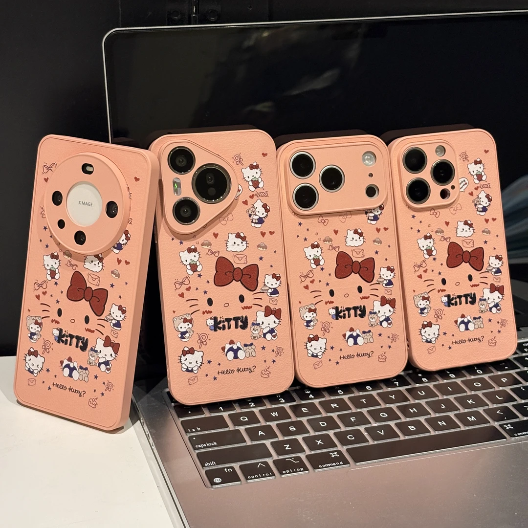 满屏kt猫适用苹果17pro手机壳16纯色创意华为p70皮纹荣耀90小米15